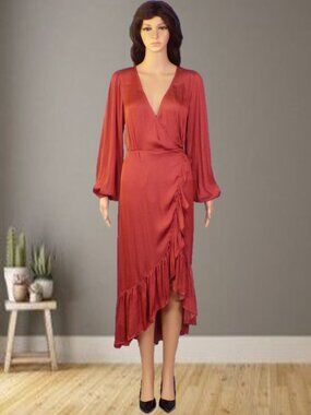 GRADE & GATHER size S copper satin midi long-sleeve wrap dress 100% polyester
